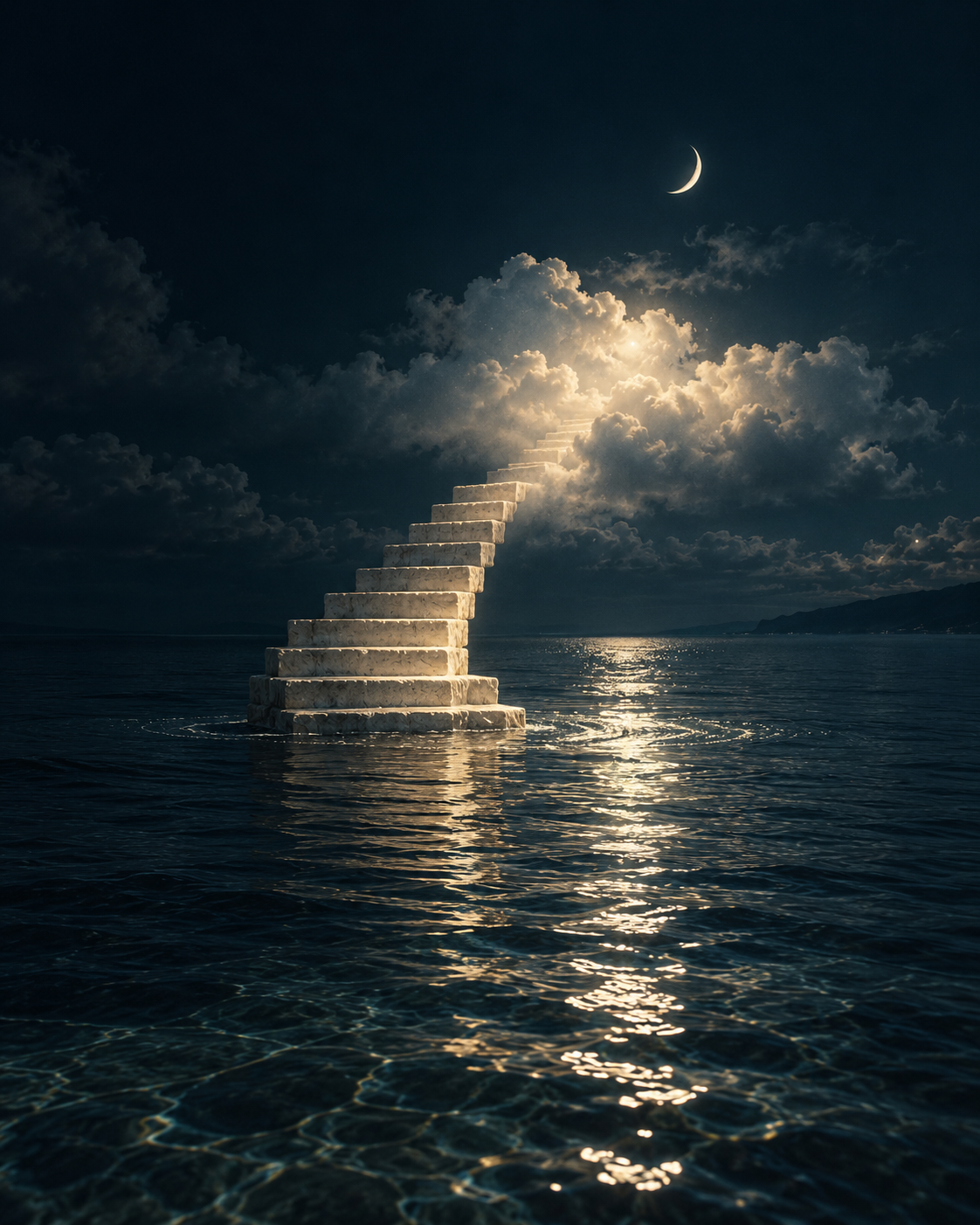 Un escalier de pierre claire s’élève hors d’une mer nocturne vers un nuage éclairé par la lune.