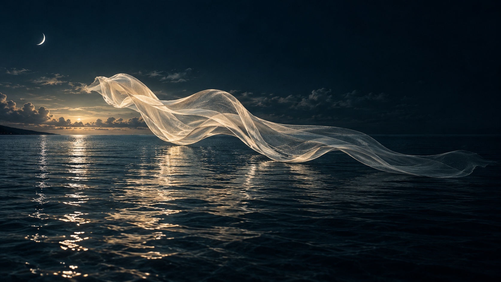 Un voile de soie ivoire flotte au-dessus d’une mer calme sous la lune, comme un mouvement de musique.